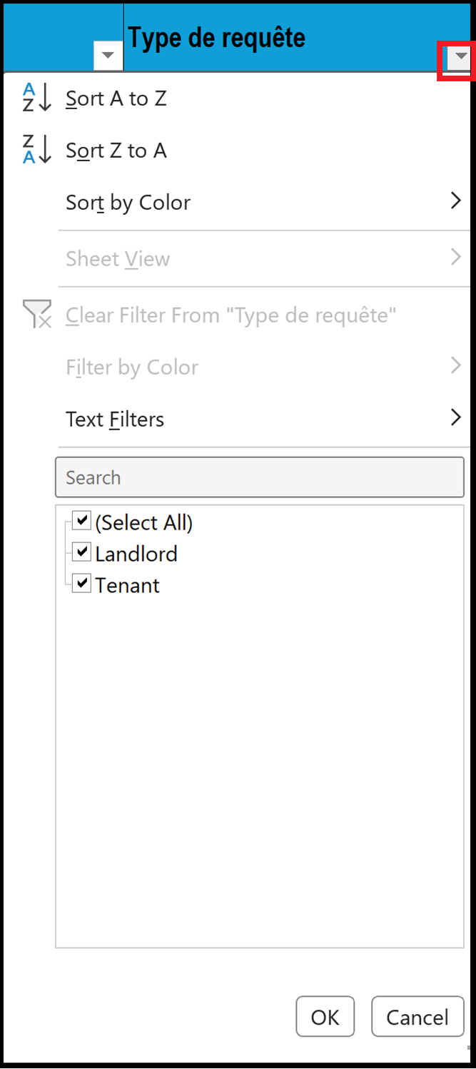 Exemple illustrant le menu déroulant Type d'application dans la feuille de calcul Open Data FY2024-25.