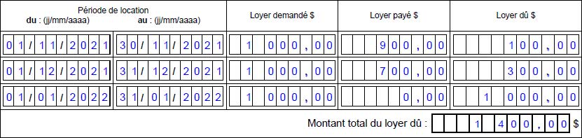 Partie 4 - Loyer exigible - Exemple visuel montrant des champs du formulaire remplis de la manière décrite dans l'exemple.
