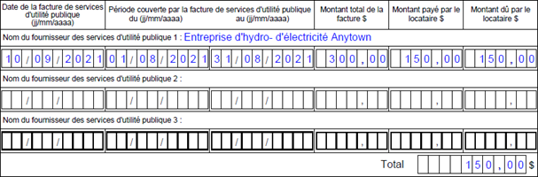 Partie 3 - Services d'utilité publique - Exemple visuel montrant des champs du formulaire remplis de la manière décrite dans l'exemple.