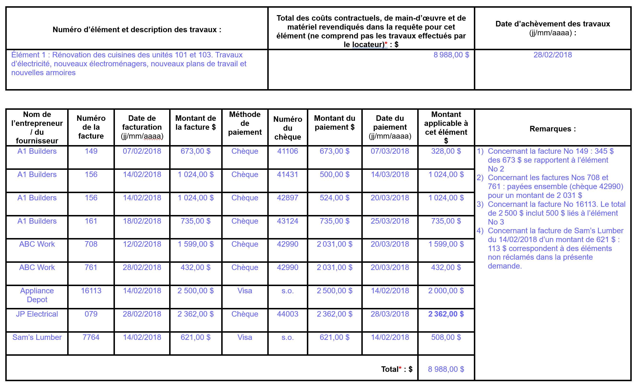 Dépenses en immobilisations : détails supplémentaires - Exemple visuel avec champs du formulaire décrits ci-dessus remplis à l'aide d'exemples de situations diverses.