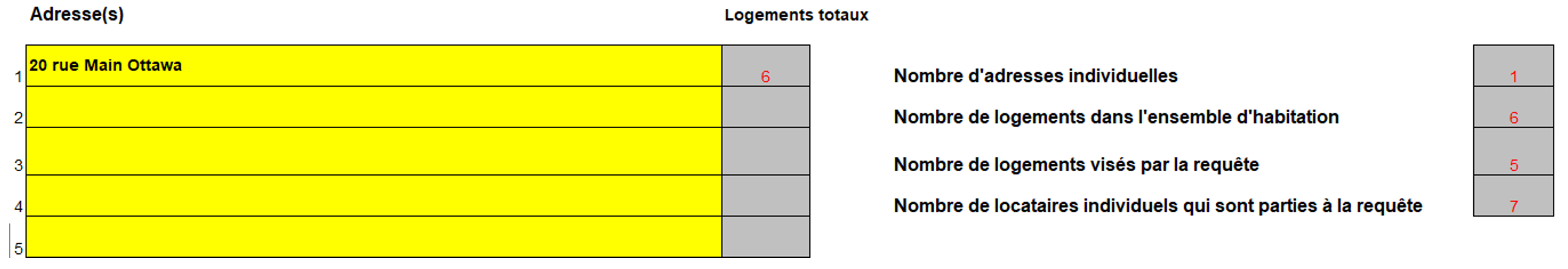 Section C, onglet Résumé, exemple visuel montrant les champs du formulaire en cours de remplissage comme décrit dans cet exemple.