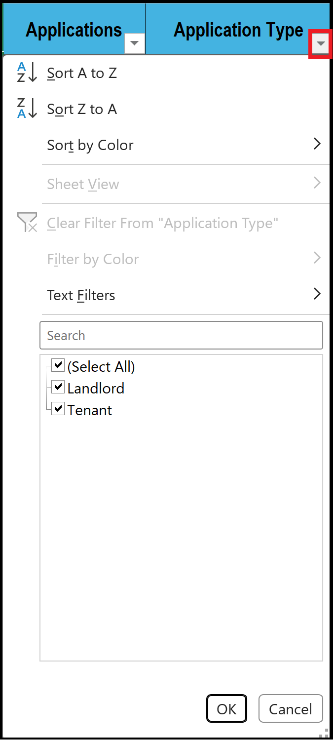Example showing the Application Type drop-down menu within the Open Data FY2024-25 spreadsheet.