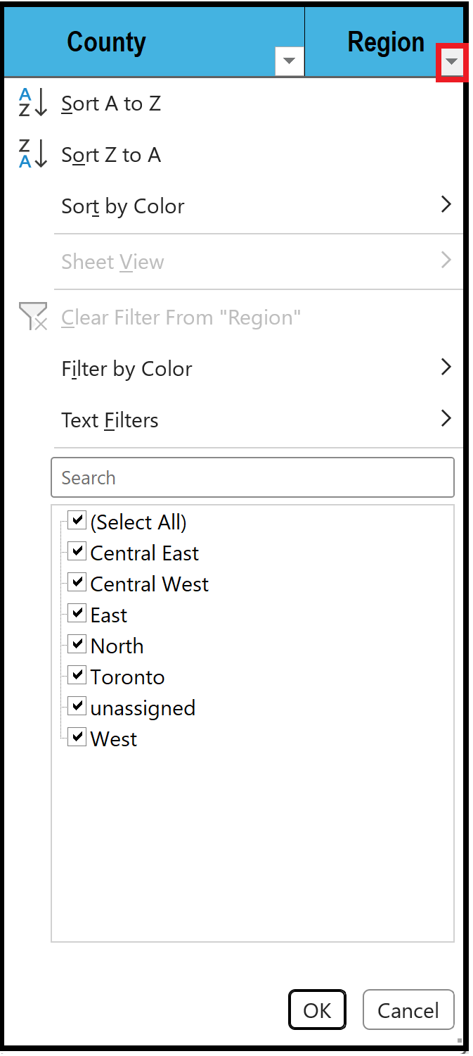 Example showing the Region drop-down menu within the Open Data FY2024-25 spreadsheet.