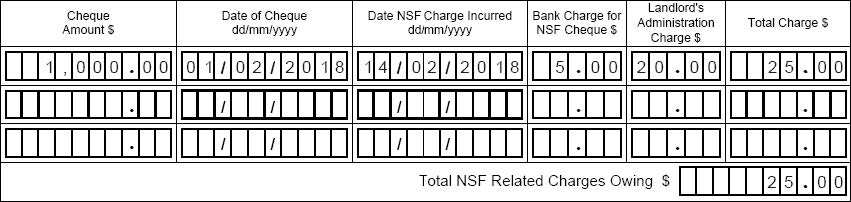 Section B NSF and administrative charges owing visual example showing fields on the form being completed as described in this example.