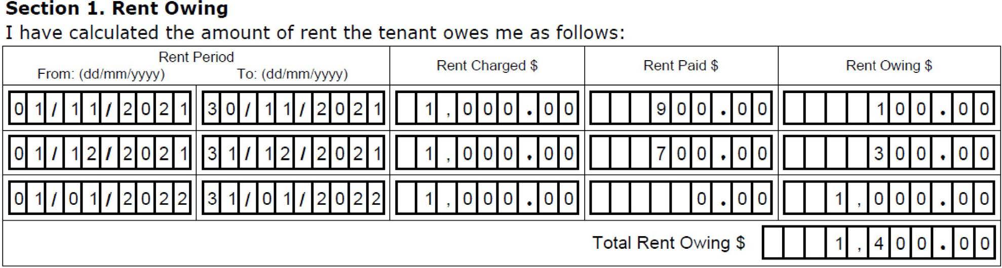 Part 4 rent owing visual example showing fields on the form being completed as described in this example.