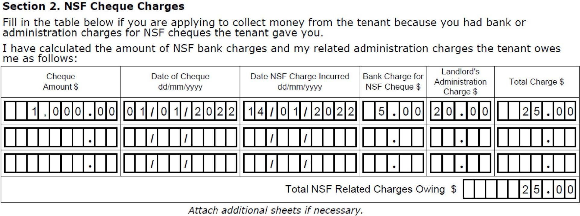 Part 4 NSF cheque charges visual example showing fields on the form being completed as described in this example.