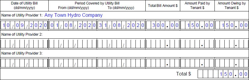 Part 4 utilities visual example showing fields on the form being completed as described in this example.