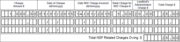 Part 3 NSF cheque related charges visual example showing fields on the form being completed as described in this example.