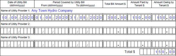 Part 3 utilities visual example showing fields on the form being completed as described in this example.