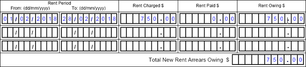 Section B new rent owing visual example showing fields on the form being completed as described in this example.