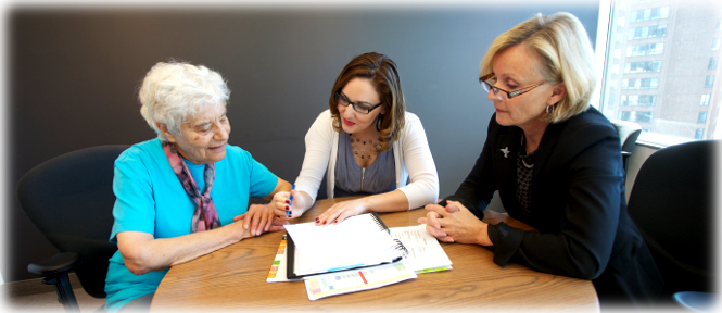 A senior and her legal representative participate in a mediation session with a CFSRB adjudicator.