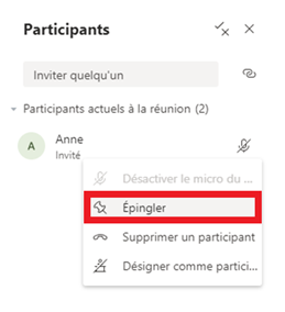 Microsoft Teams exemple de participant pin