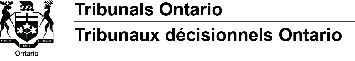 Logotype des Tribunaux décisionnels Ontario. Le logotype est composé des armoires de l'Ontario et les mots Tribunaux décisionnels Ontario.