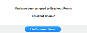 Screenshot of the breakout room prompt. It says you have been assigned to Breakout Room: Breakout Room 2. Beneath the text is a Join Breakout Room button.